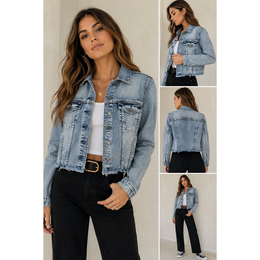 Decjuba Denim Raw Hem Cropped Trucker Jacket Light Wash Blue Size 8